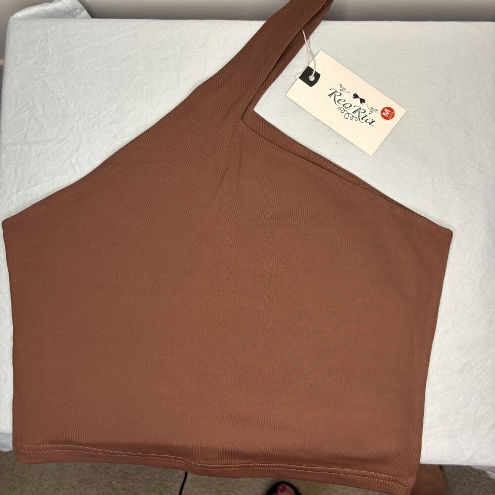REORIA NEW Crop Top One-Shoulder Womens M Stretch Brown Layer